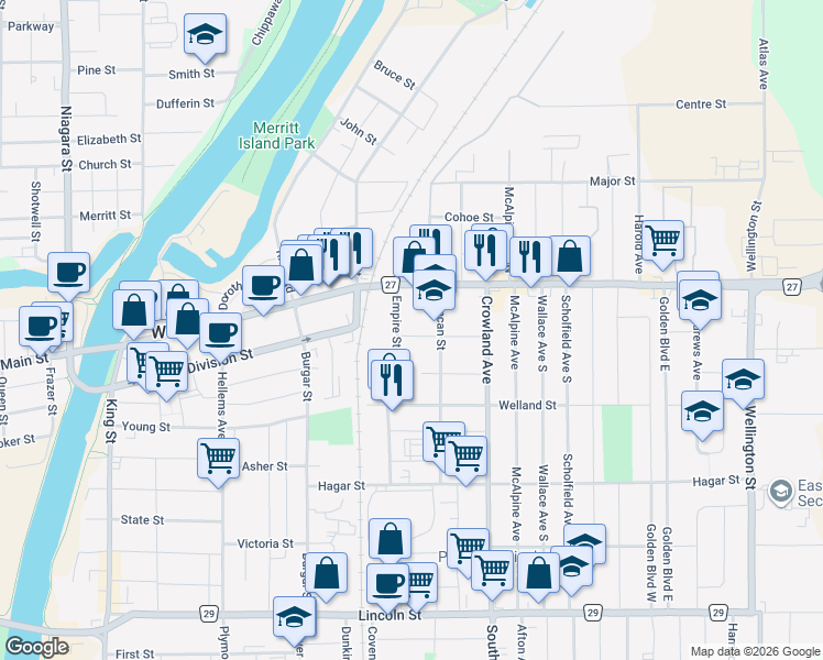 map of restaurants, bars, coffee shops, grocery stores, and more near 12 York Street in Welland