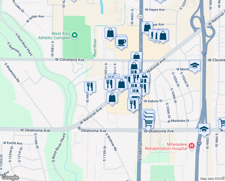 map of restaurants, bars, coffee shops, grocery stores, and more near 11108 West National Avenue in West Allis