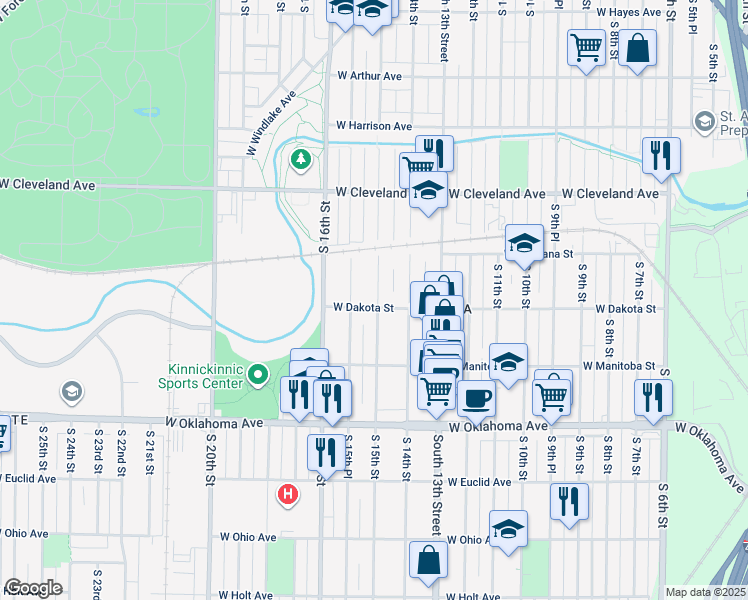 map of restaurants, bars, coffee shops, grocery stores, and more near 1500 West Dakota Street in Milwaukee