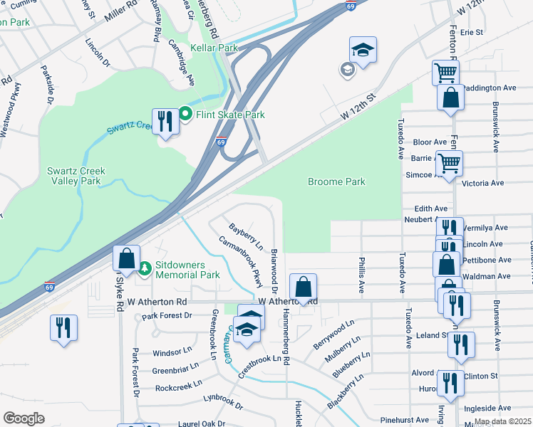 map of restaurants, bars, coffee shops, grocery stores, and more near 3102 Briarwood Drive in Flint
