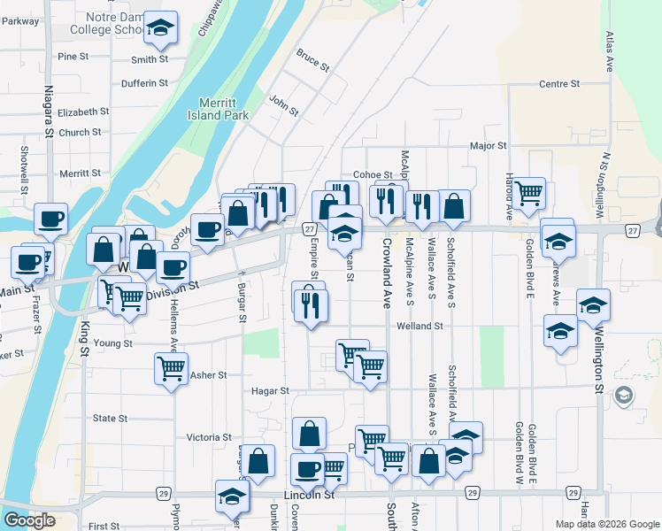 map of restaurants, bars, coffee shops, grocery stores, and more near 20 York Street in Welland