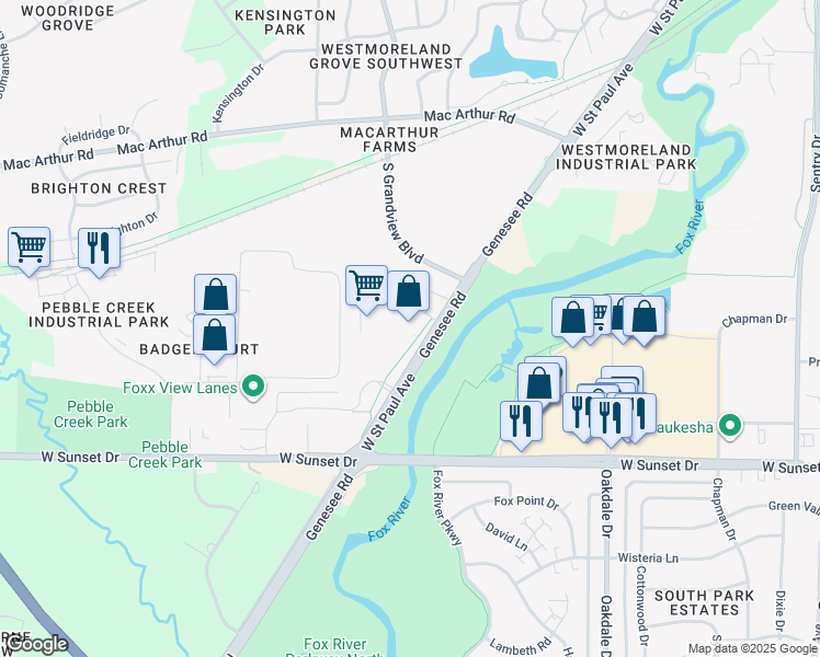map of restaurants, bars, coffee shops, grocery stores, and more near 2140 West Saint Paul Avenue in Waukesha