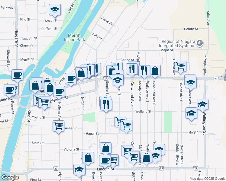 map of restaurants, bars, coffee shops, grocery stores, and more near 20 York Street in Welland