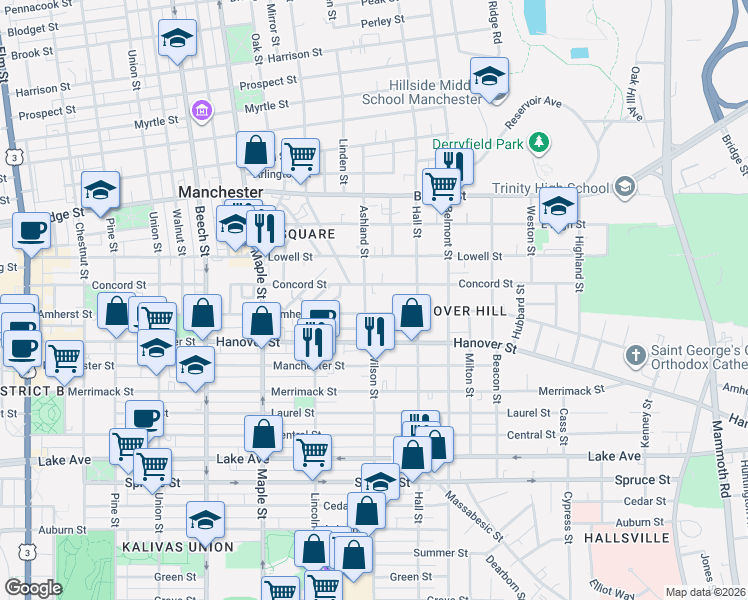 map of restaurants, bars, coffee shops, grocery stores, and more near 423 Amherst Street in Manchester