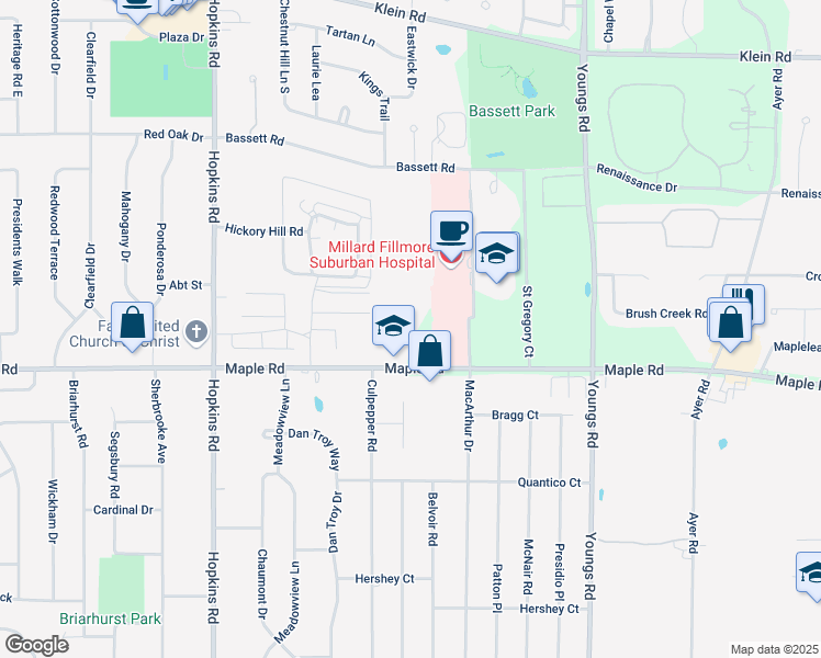 map of restaurants, bars, coffee shops, grocery stores, and more near 1500 Maple Road in Buffalo