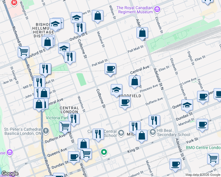 map of restaurants, bars, coffee shops, grocery stores, and more near 98 Cartwright Street in London