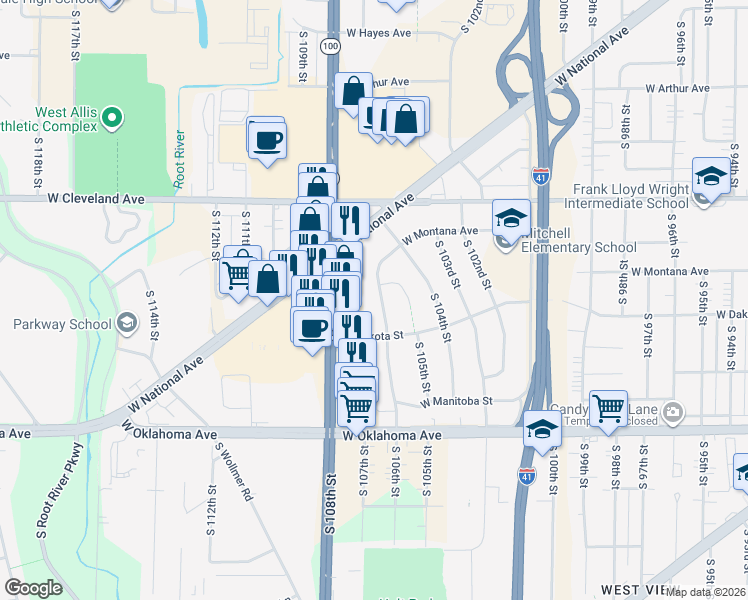 map of restaurants, bars, coffee shops, grocery stores, and more near 10472 West Montana Avenue in West Allis