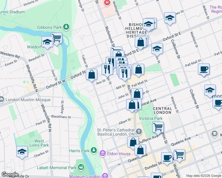 map of restaurants, bars, coffee shops, grocery stores, and more near 164 Mill Street in London