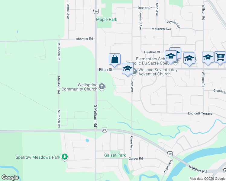 map of restaurants, bars, coffee shops, grocery stores, and more near 149 Willowbrook Drive in Welland