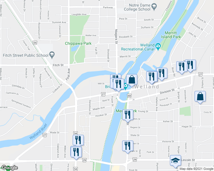 map of restaurants, bars, coffee shops, grocery stores, and more near 34 Albina Street in Welland