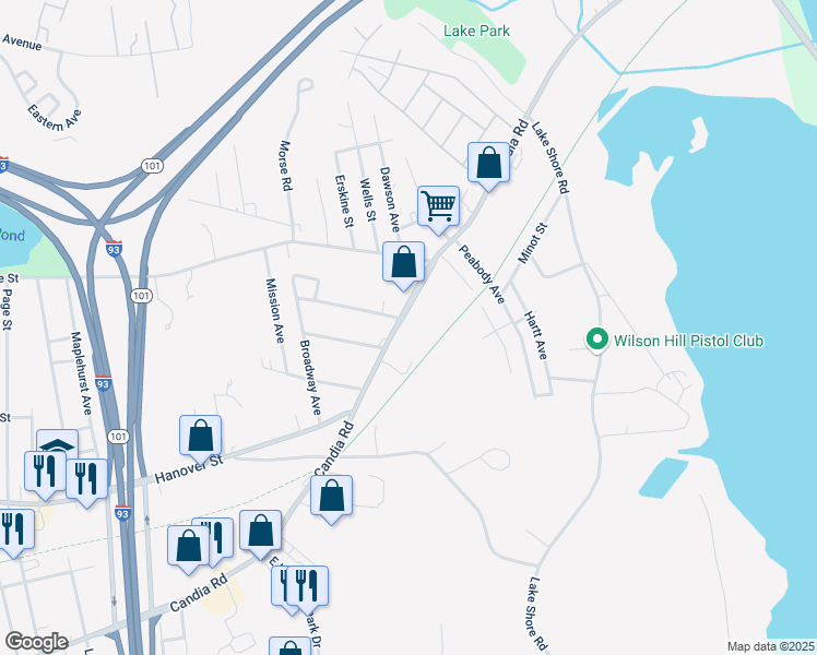 map of restaurants, bars, coffee shops, grocery stores, and more near 1429 Candia Road in Manchester