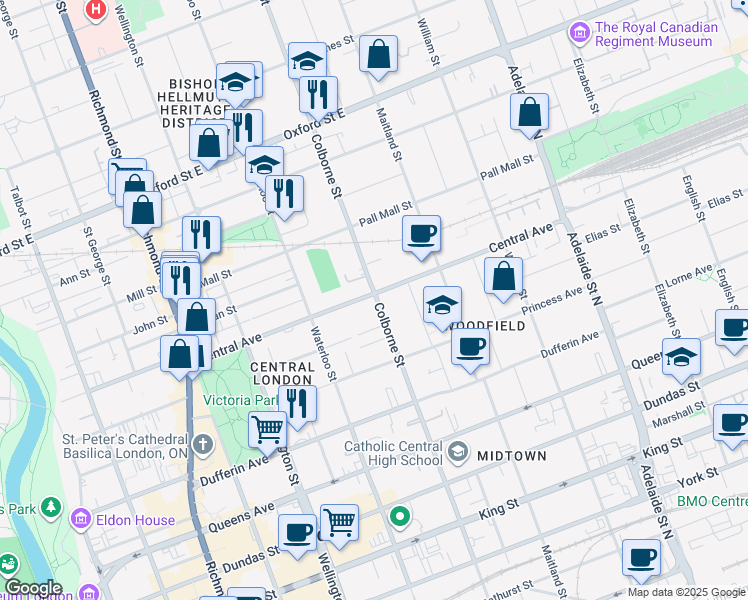 map of restaurants, bars, coffee shops, grocery stores, and more near 615 Colborne Street in London