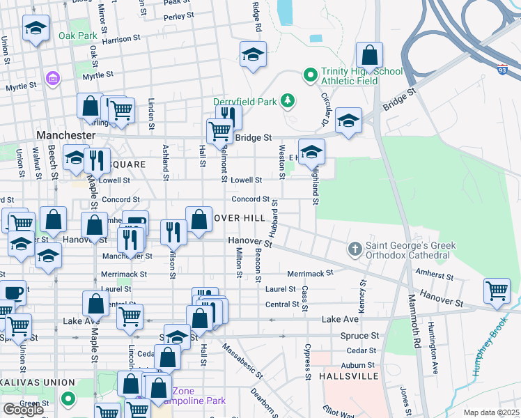map of restaurants, bars, coffee shops, grocery stores, and more near 600 Beacon Street in Manchester