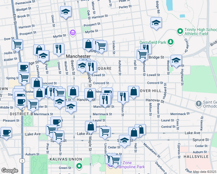 map of restaurants, bars, coffee shops, grocery stores, and more near 286 Concord Street in Manchester
