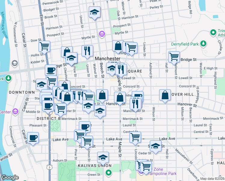 map of restaurants, bars, coffee shops, grocery stores, and more near 207 Lowell Street in Manchester
