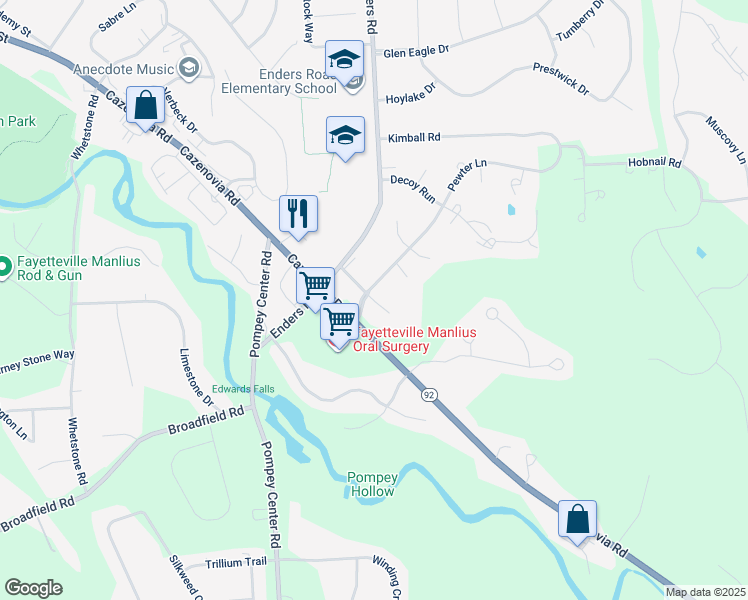 map of restaurants, bars, coffee shops, grocery stores, and more near 4500 Pewter Lane in Manlius