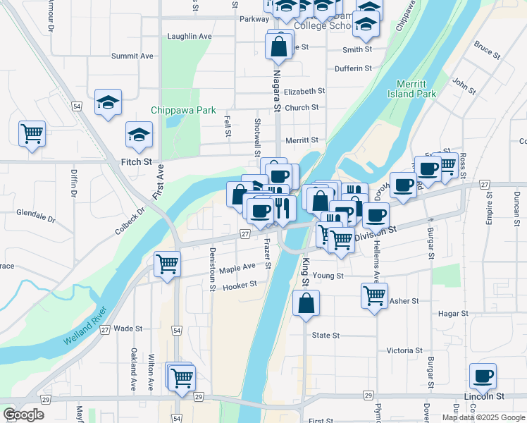 map of restaurants, bars, coffee shops, grocery stores, and more near 34 Albina Street in Welland