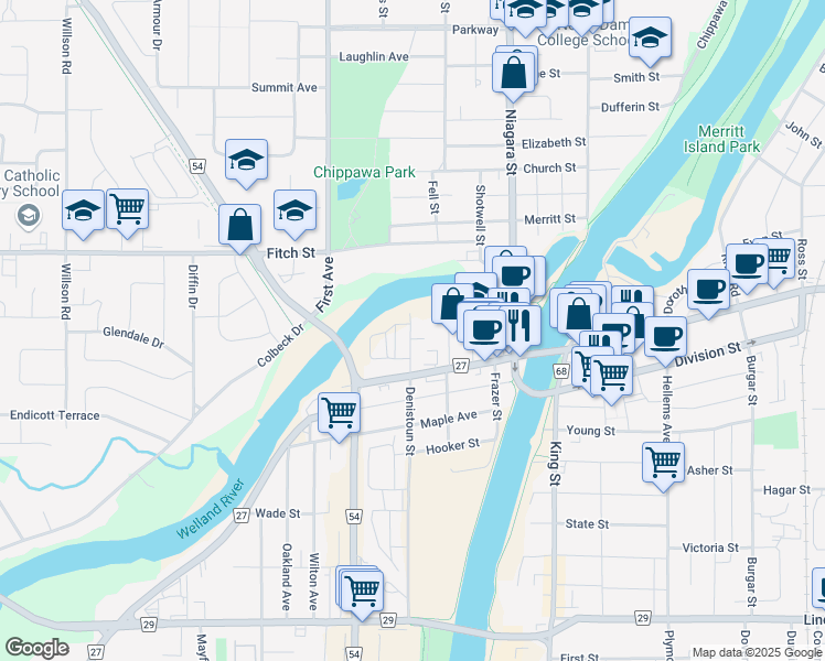 map of restaurants, bars, coffee shops, grocery stores, and more near 56 Denistoun Street in Welland