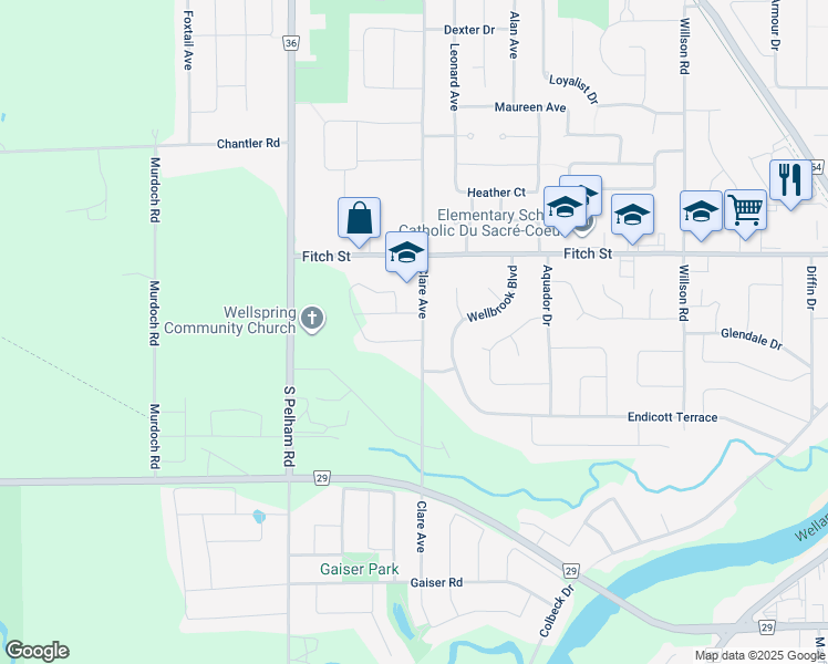 map of restaurants, bars, coffee shops, grocery stores, and more near 14 Willowbrook Drive in Welland