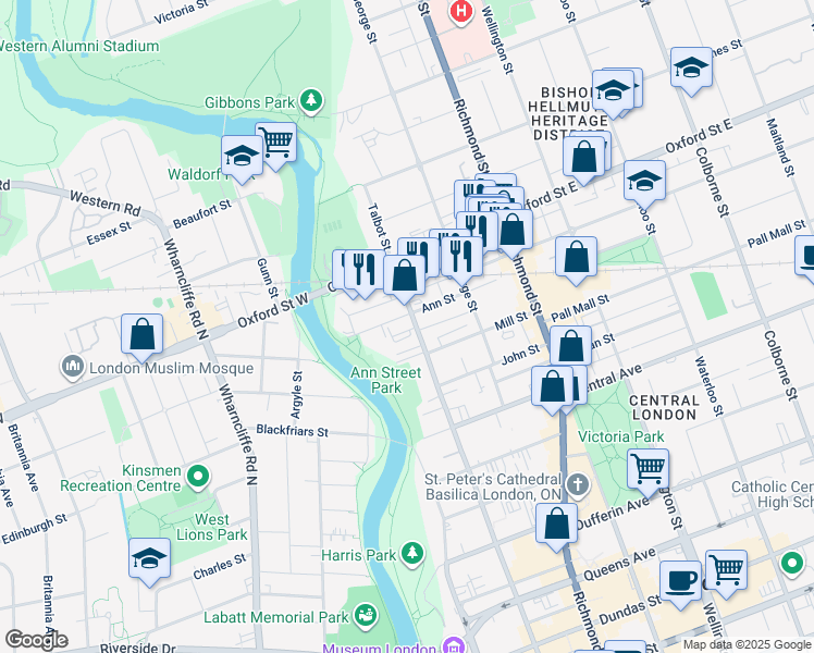 map of restaurants, bars, coffee shops, grocery stores, and more near 736 Talbot Street in London