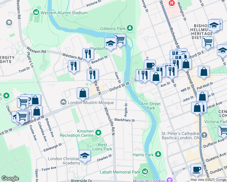 map of restaurants, bars, coffee shops, grocery stores, and more near 17 Oxford Street West in London