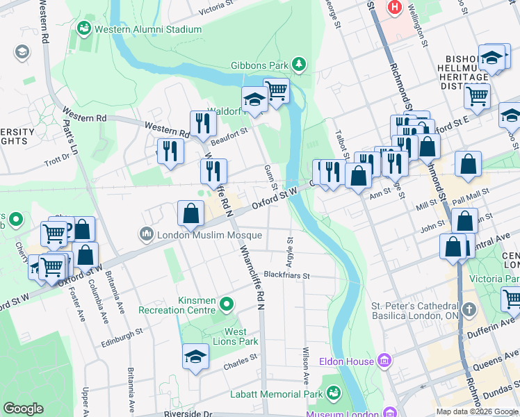 map of restaurants, bars, coffee shops, grocery stores, and more near 17 Oxford Street West in London