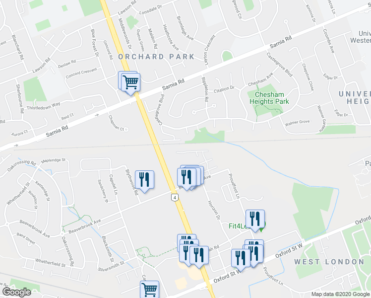 map of restaurants, bars, coffee shops, grocery stores, and more near 441 Castlegrove Court in London