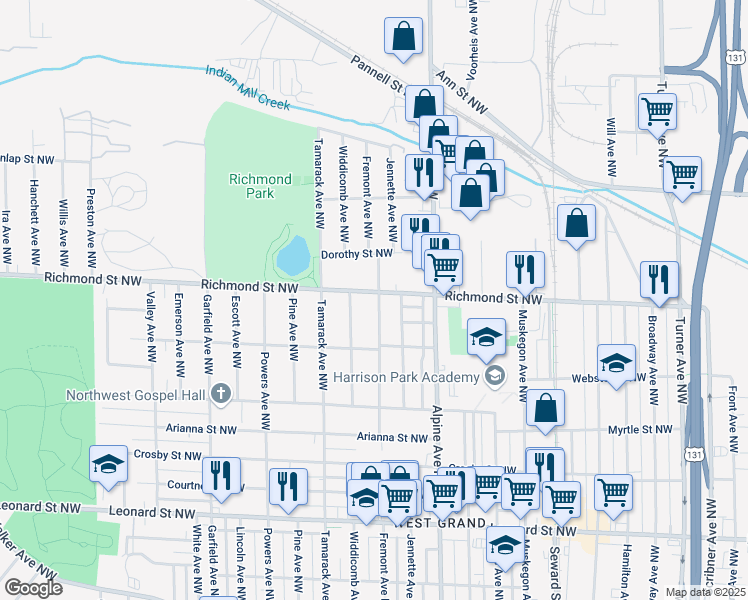 map of restaurants, bars, coffee shops, grocery stores, and more near 1616 Fremont Avenue Northwest in Grand Rapids