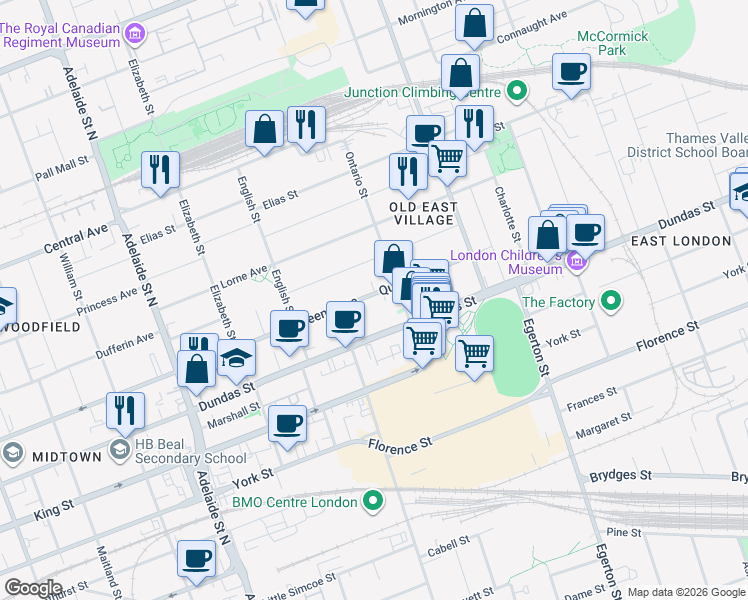 map of restaurants, bars, coffee shops, grocery stores, and more near 845 Queens Avenue in London