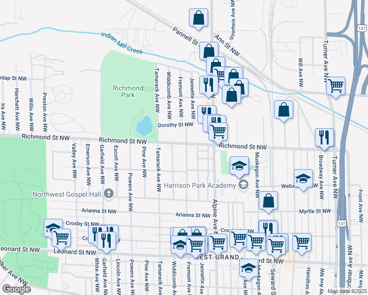 map of restaurants, bars, coffee shops, grocery stores, and more near 1616 Fremont Avenue Northwest in Grand Rapids