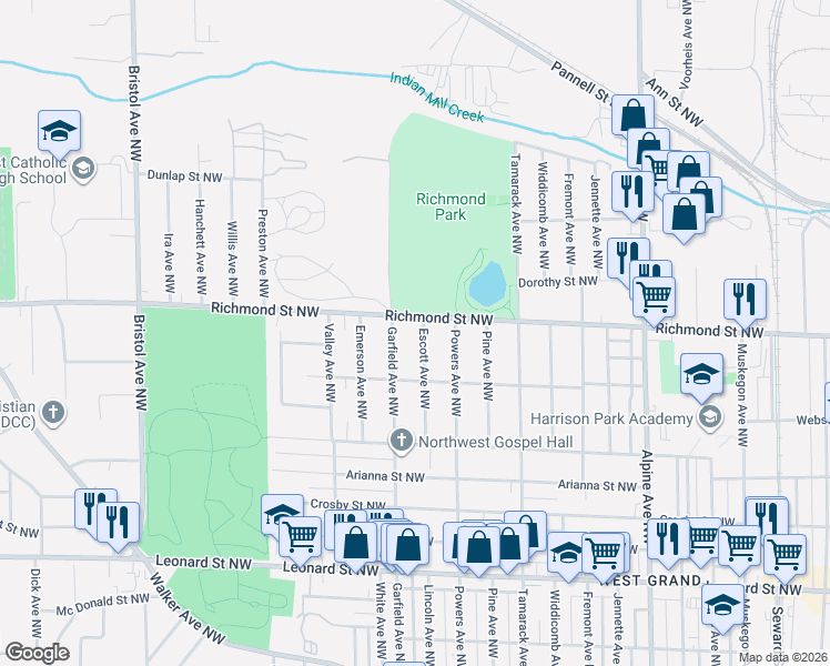 map of restaurants, bars, coffee shops, grocery stores, and more near 1118 Richmond Street Northwest in Grand Rapids