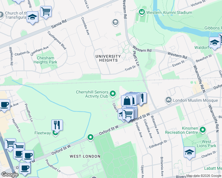 map of restaurants, bars, coffee shops, grocery stores, and more near 180 Cherryhill Circle in London