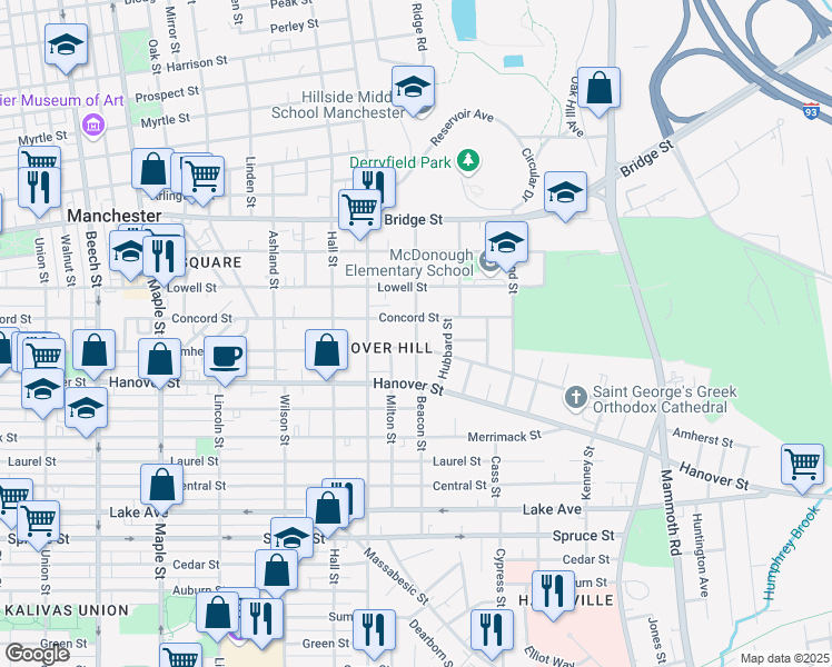 map of restaurants, bars, coffee shops, grocery stores, and more near 565 Beacon Street in Manchester