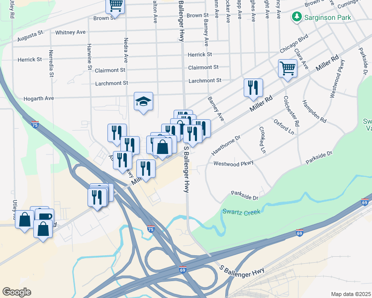 map of restaurants, bars, coffee shops, grocery stores, and more near Miller Rd & S Ballenger Hwy in Flint Township