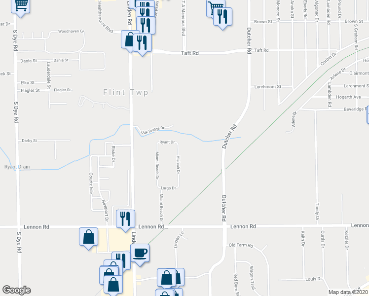 map of restaurants, bars, coffee shops, grocery stores, and more near 2357 Hialeah Drive in Flint
