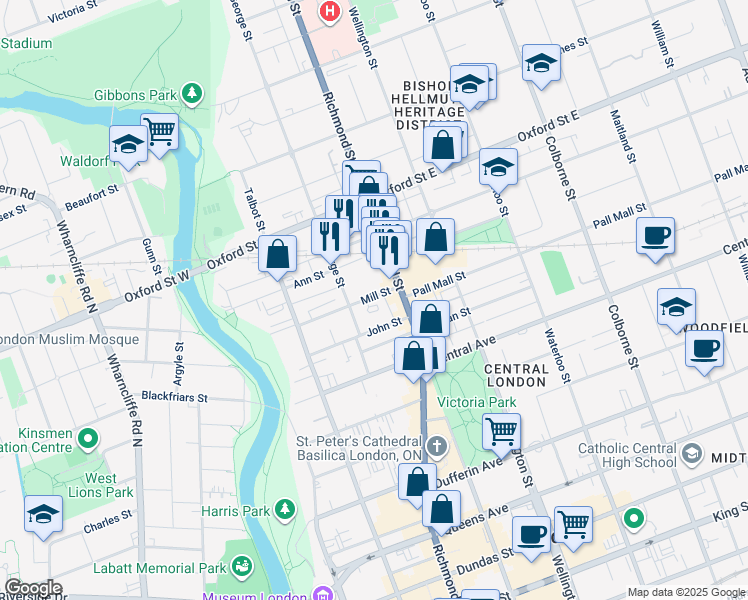 map of restaurants, bars, coffee shops, grocery stores, and more near 191 Mill Street in London