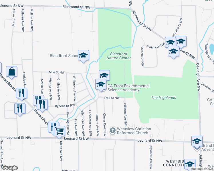 map of restaurants, bars, coffee shops, grocery stores, and more near 1460 Laughlin Drive Northwest in Grand Rapids