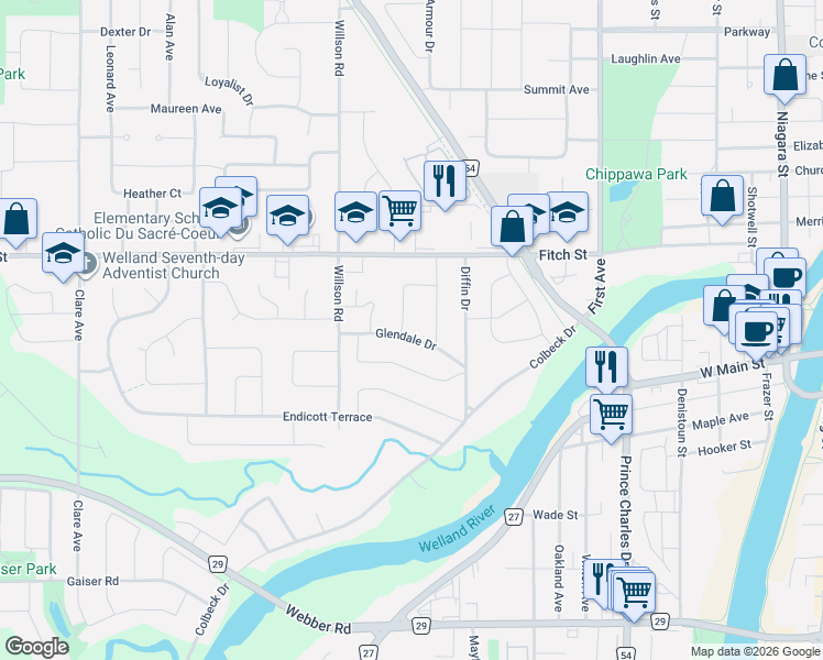 map of restaurants, bars, coffee shops, grocery stores, and more near 1 Braden Avenue in Welland