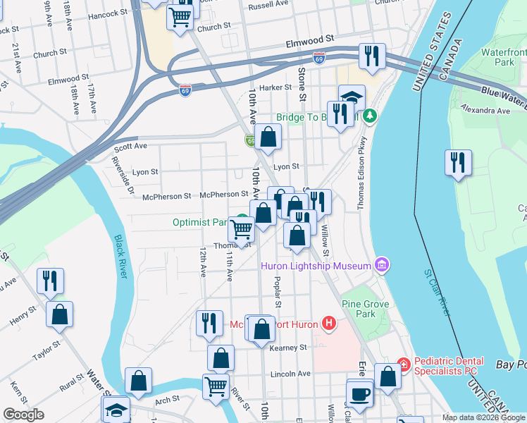 map of restaurants, bars, coffee shops, grocery stores, and more near 1726 10th Avenue in Port Huron