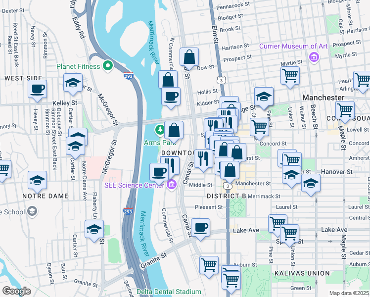 map of restaurants, bars, coffee shops, grocery stores, and more near in Manchester