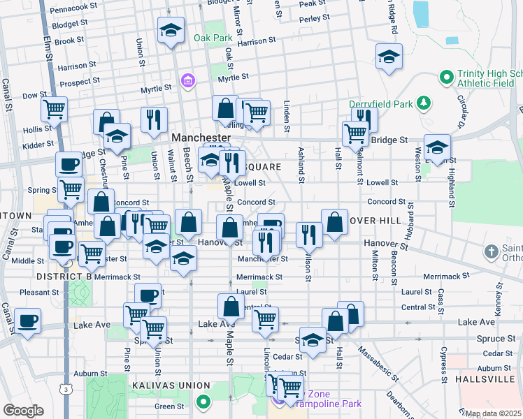 map of restaurants, bars, coffee shops, grocery stores, and more near 286 Concord Street in Manchester
