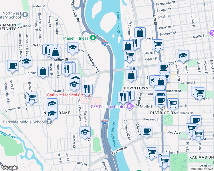 map of restaurants, bars, coffee shops, grocery stores, and more near 195 McGregor Street in Manchester