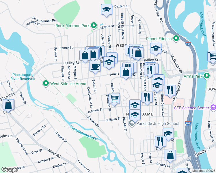 map of restaurants, bars, coffee shops, grocery stores, and more near 428 Amory Street in Manchester