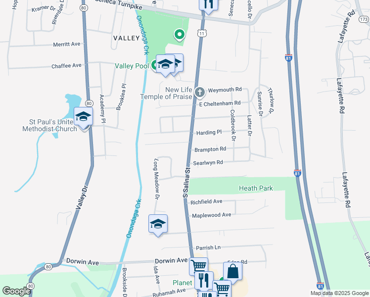 map of restaurants, bars, coffee shops, grocery stores, and more near 5312 South Salina Street in Syracuse