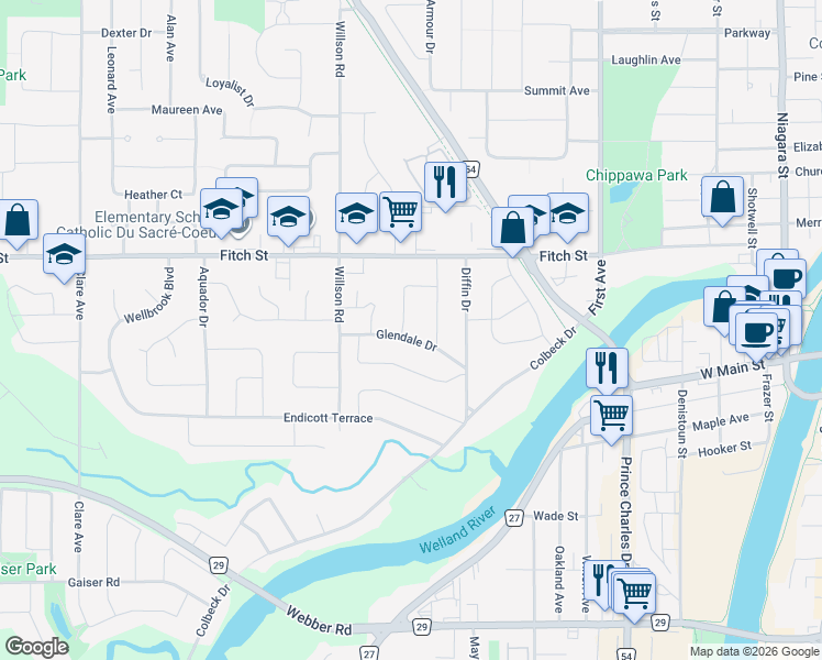 map of restaurants, bars, coffee shops, grocery stores, and more near 9 Braden Avenue in Welland