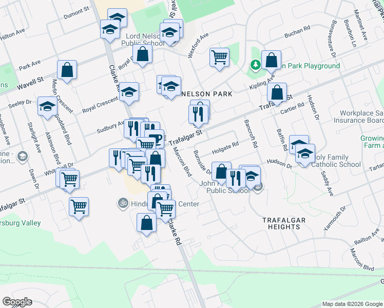 map of restaurants, bars, coffee shops, grocery stores, and more near 1967 Trafalgar Street in London