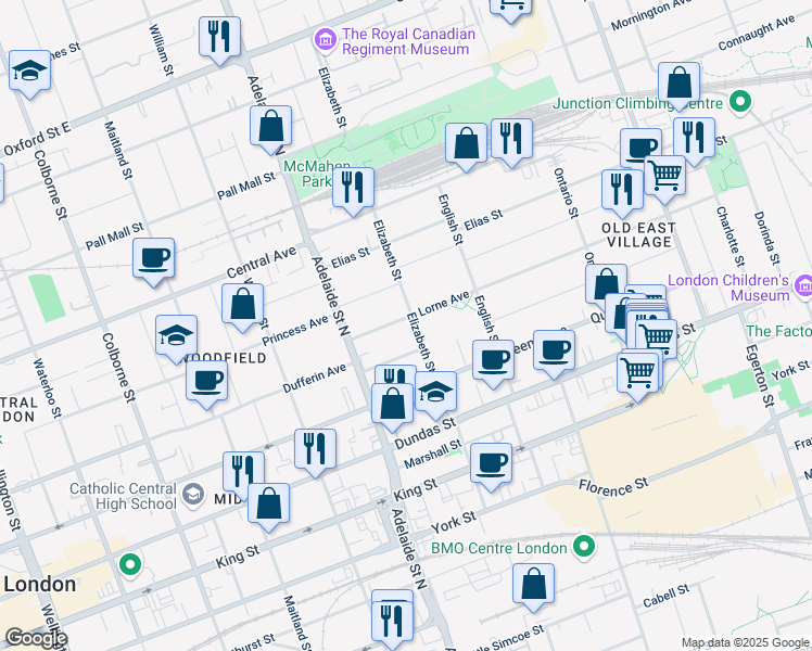 map of restaurants, bars, coffee shops, grocery stores, and more near 539 Elizabeth Street in London