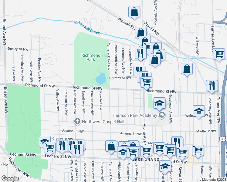 map of restaurants, bars, coffee shops, grocery stores, and more near 935 Richmond Street Northwest in Grand Rapids