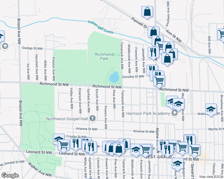 map of restaurants, bars, coffee shops, grocery stores, and more near 1038 Richmond Street Northwest in Grand Rapids