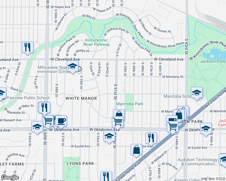 map of restaurants, bars, coffee shops, grocery stores, and more near 2845 South 51st Street in Milwaukee